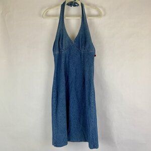 Vintage Y2K Guess Babydoll Mini Dress Large Blue Denim Halter Bias Cut Country